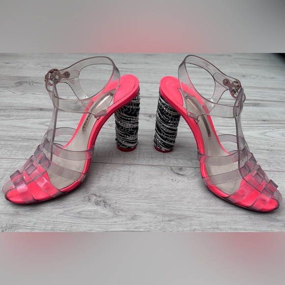 Sophia Webster Transparent Rubber Neon Pink Black Beaded Woven Block Heels 37.5